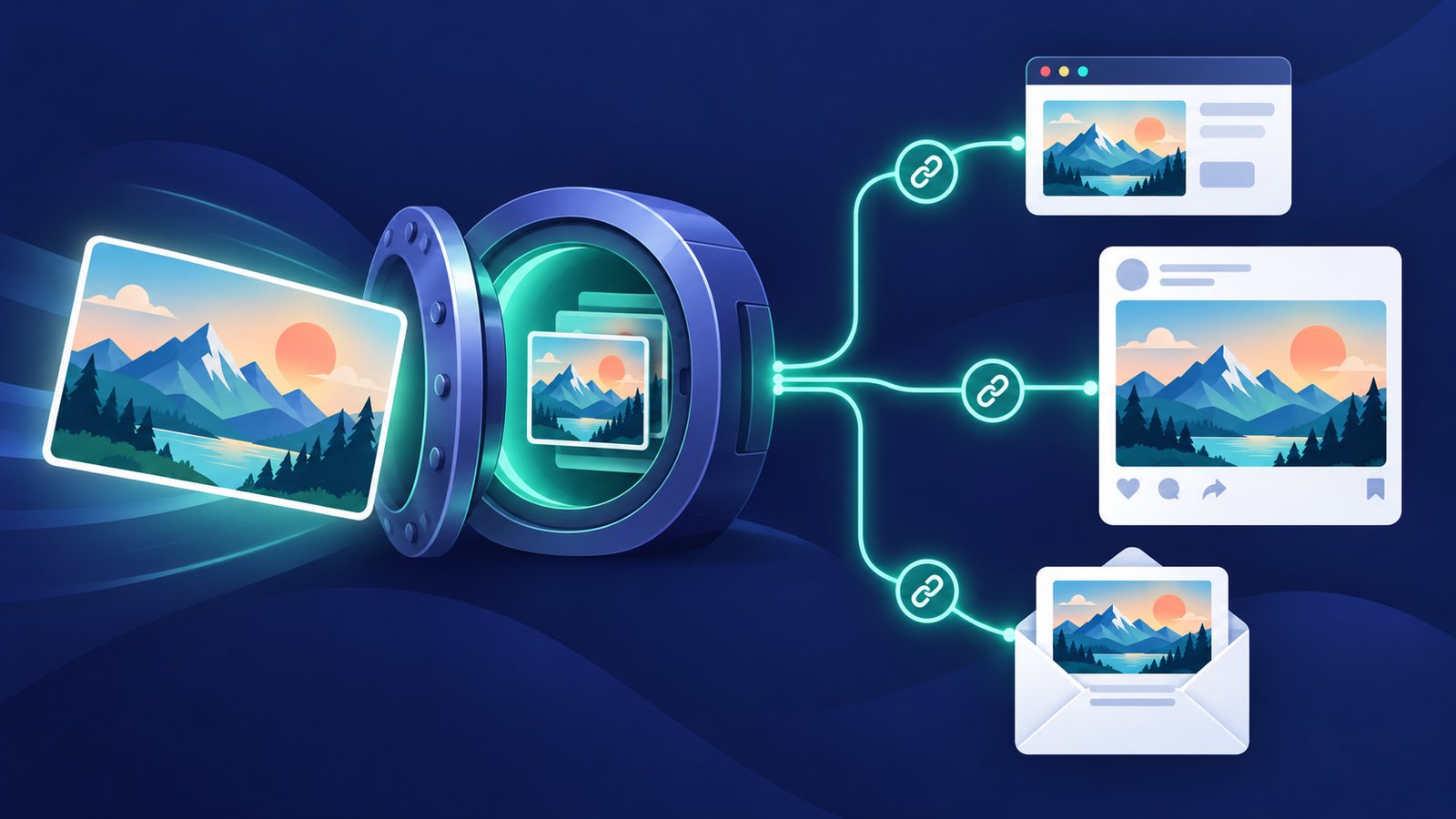 One landscape image stored in a vault and reused through linked website, social-post, and email panels