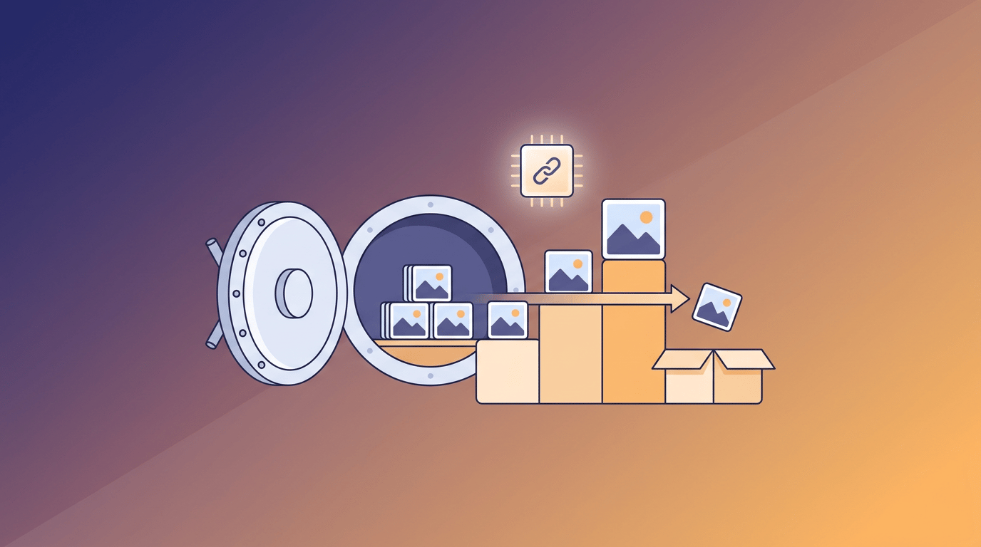 A vault holding image tiles beside three rising steps that carry larger tiles, with an arrow carrying images back out to an archive box — paid plans add room while exports stay free